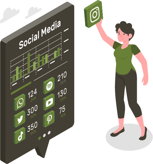Cartoon girl holding Instagram icon beside large mobile phone – Social Media Agency Birmingham illustration