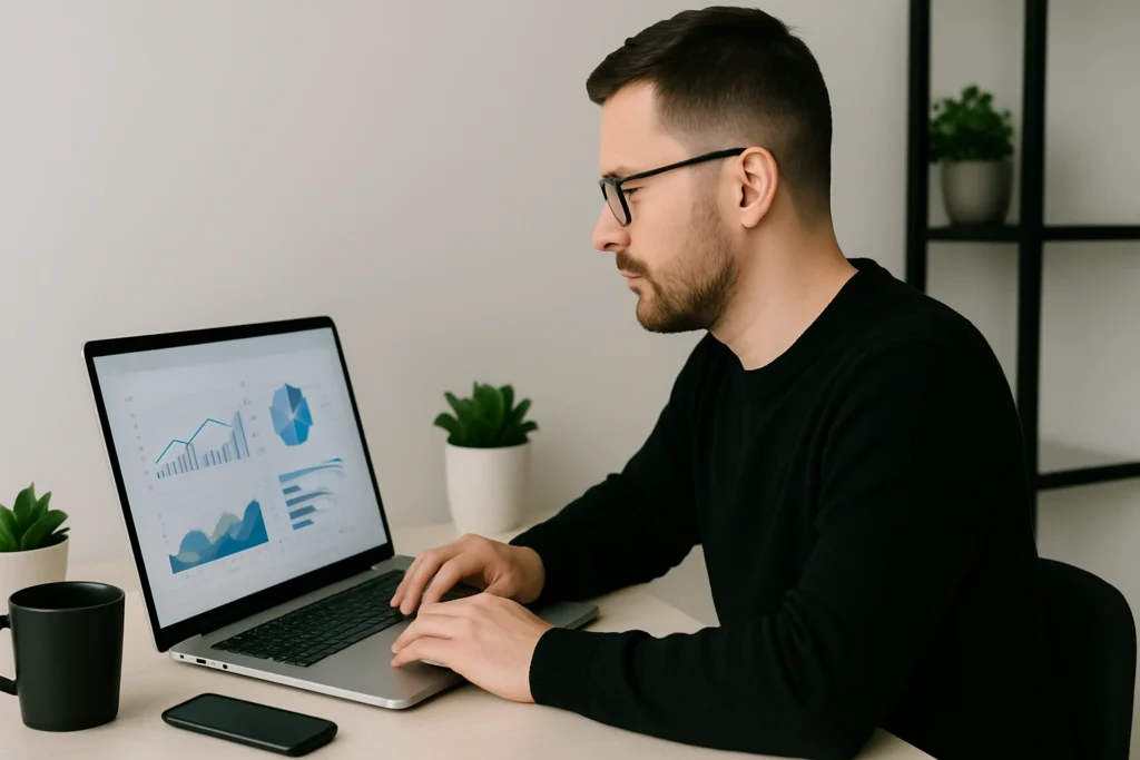 A professional UK marketer analyzing data and charts on a laptop in a bright office, planning SEO strategy to choose the best agency.
