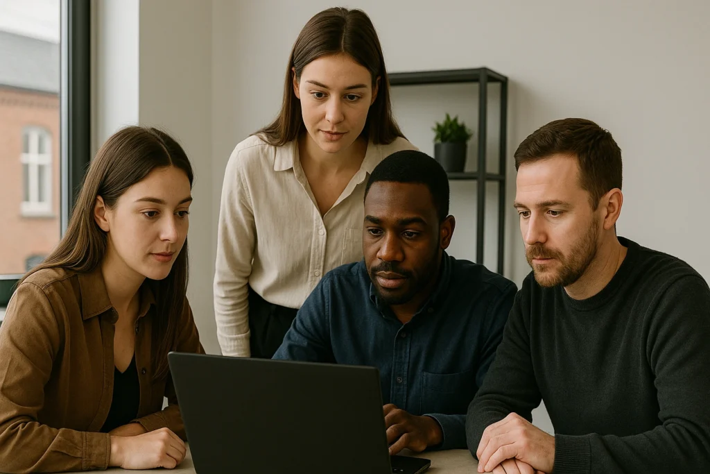 A small business team in a modern UK office collaborating around a laptop, discussing SEO strategy to grow their online presence.