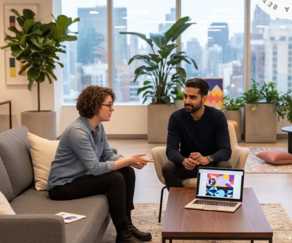 Insight Crafts Marketing SEO agency in Birmingham team's member explaining sustainable growth through strategic optimisation and Google visibility to a client.