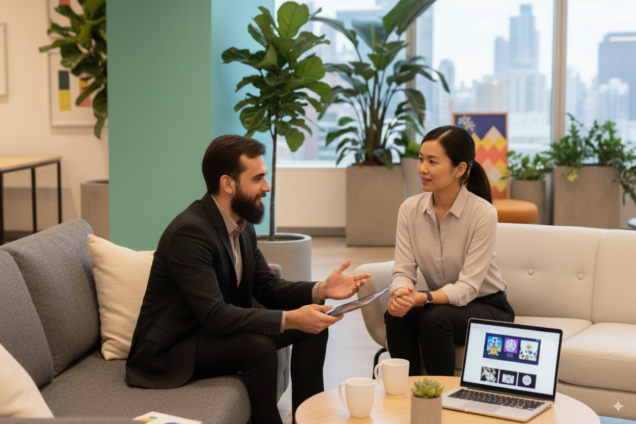 client discussing web design for their business with our team memeber