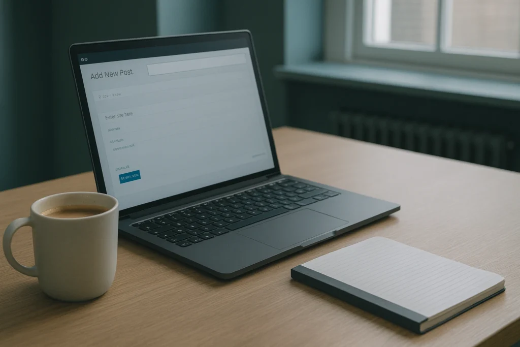 Laptop with coffee cup and notepad on a wooden desk displaying a blog editor — representing digital content marketing strategies and best practices for UK businesses