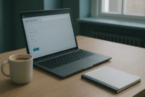 Laptop with coffee cup and notepad on a wooden desk displaying a blog editor — representing digital content marketing strategies and best practices for UK businesses