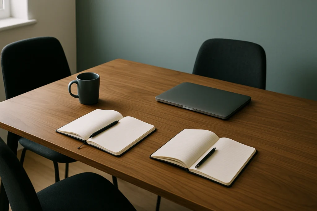 Modern digital marketing meeting workspace with laptop, notebooks, and coffee cup — representing collaborative strategy planning for architects in the UK (2025)