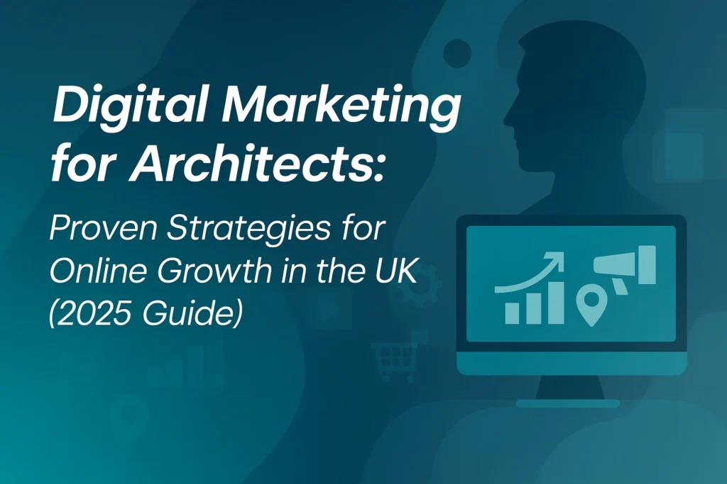 Featured banner for ‘Digital Marketing for Architects: Proven Strategies for Online Growth in the UK (2025 Guide)’ with silhouette, desktop icon, and teal digital-marketing graphics.