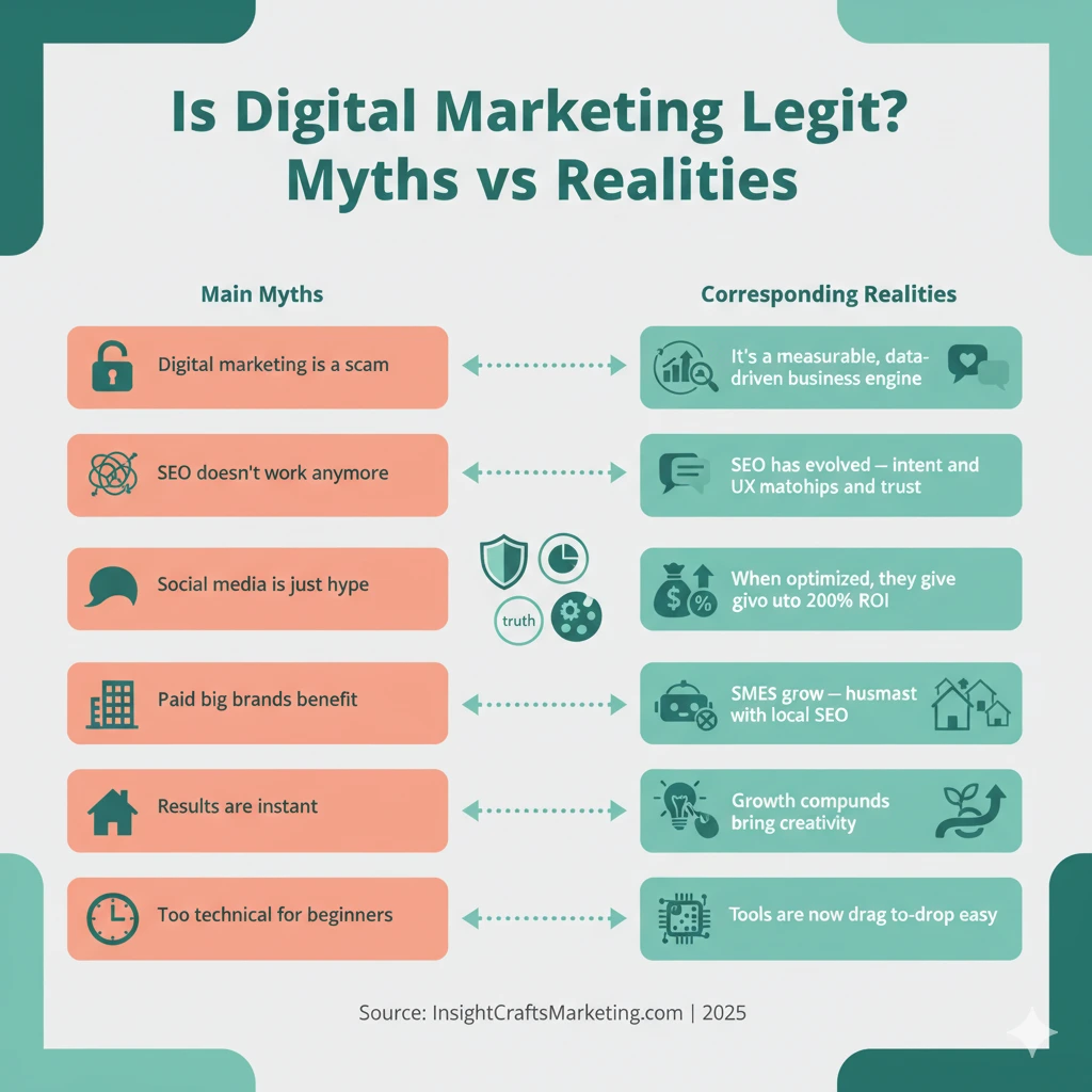 Infographic showing digital marketing myths vs realities — proving that SEO, social media, and paid ads deliver real results.
