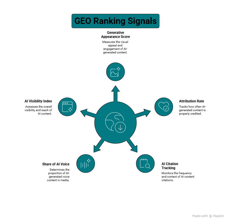what is geo ranking signals and metrics. Diagram showing GEO ranking signals with a central globe icon and arrows pointing to metrics such as images, engagement, content quality, freshness, local intent, and page structure