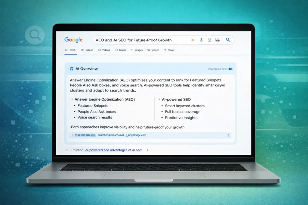 Laptop screen showing Google’s AI Overview feature with a query's answer, highlighting structured search results.