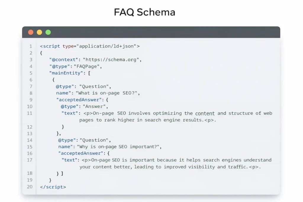 faq schema markup example for structured data which is important element in on page seo