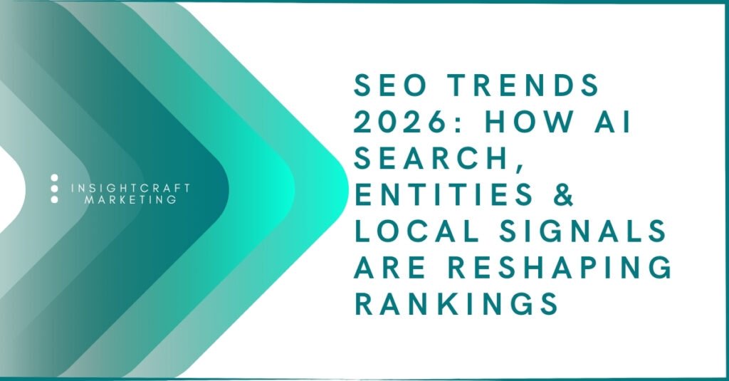 Feature image highlighting SEO trends in 2026 focused on AI search, entity understanding, and local ranking signals