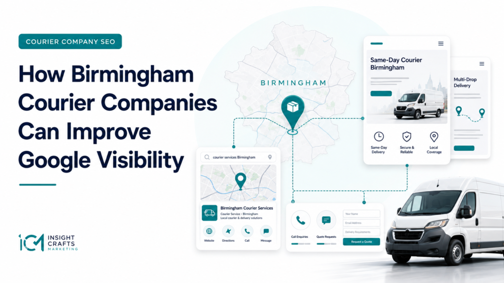 Courier company SEO guide showing Birmingham local search, service pages and enquiry tracking