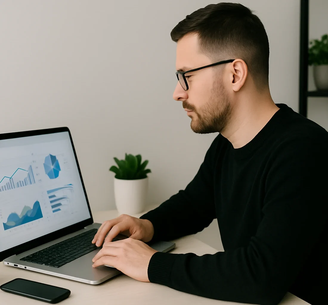 A professional UK marketer analyzing data and charts on a laptop in a bright office, planning SEO strategy to choose the best agency.