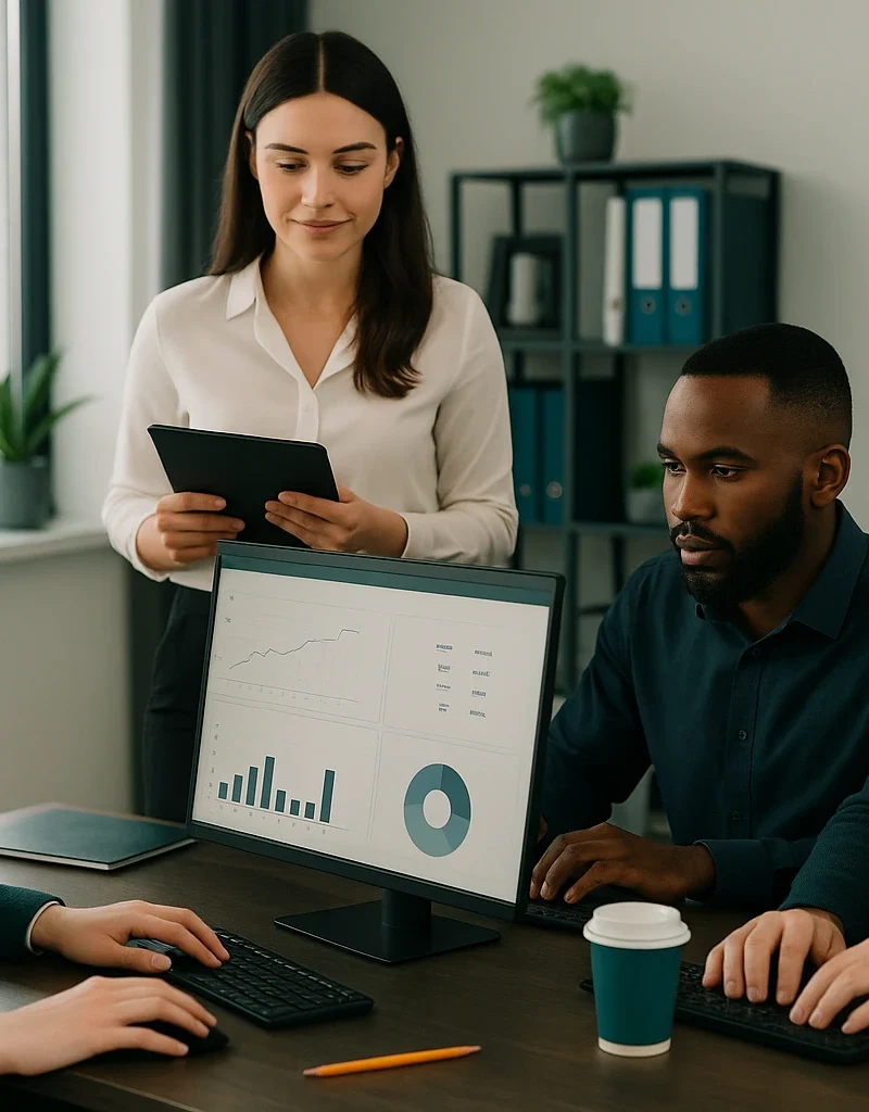 Marketing team analyzing real estate marketing tactics for a UK agency in a modern office environment.